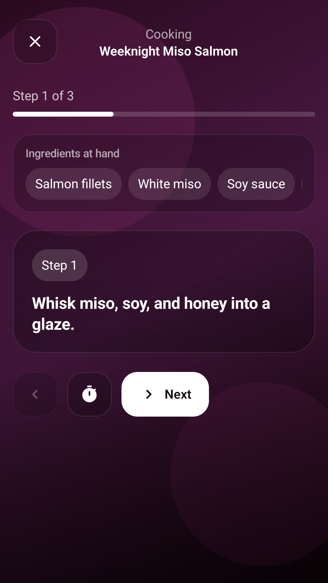 Culinary Compass cooking step screen